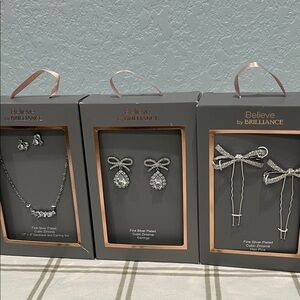 Brilliance Silver Plated Jewelry Set, Earrings, Bow Hair Pins